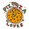 Pizza lover , Man holding giant pizza cartoon  illustration