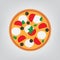 Pizza margherita with mozzarella cheese, tomato, olives and basil leaves