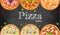 Pizza menu chalkboard cartoon background with fresh ingredients illustration Pizzeria flyer background. Two horizont