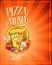 Pizza menu list mockup with place for text and cartoon personages - alive pizza slice and vegetables