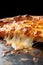 Pizza with mozzarella cheese on black background, close up.