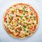 Pizza with mozzarella cheese, chicken, sweet corn, sweet pepper and parsley on white background top view