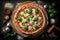 Pizza with mozzarella cheese, mushrooms and basil on a dark background