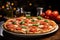 Pizza with mozzarella cheese, tomatoes and basil on a wooden table.