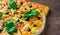 Pizza with Mozzarella cheese, Tomatoes, pepper, olive, Spices and Fresh Basil. Italian pizza. Pizza Margherita or Margarita on woo