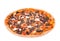 Pizza with mozzarella, feta, cherry tomatoes, spinach, mushrooms and kalamata olive. Italian tasty pizza isolated on white