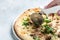 Pizza with mushrooms, arugula, cheese. Antipasto Dinner or aperitivo party concept