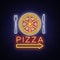 Pizza neon sign vector. Pizzeria neon logo, emblem. Neon advertising on the topic of pizza cafe, restaurant, dining room