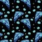 Pizza with olives pattern blue on black background negative colors. A