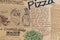 Pizza packaging with drawings and inscriptions. Close up