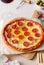 Pizza with pepperoni and cheese. Fast food. Italian cuisine. American food