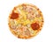 Pizza with pickles, pork, cheese, egg yolk, and chilli sauce, is