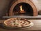 Pizza Pleasure: A Tempting Display on a Wooden Table with Oven Backdrop