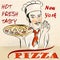 Pizza poster with waiter or cook holding hot fresh New York pizz