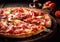 Pizza with prosciutto parma ham on wooden background.Macro.Ai Generative