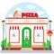 Pizza restaurant facade with signboard