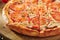 Pizza Restaurant Menu - Delicious Fresh Margarita Pizza with. Pizza on Rustic Wooden Table with Ingredients.