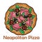 Pizza with roast beef and artichokes, jalapenos, chili, mozzarella, pesto. Neapolitan round pizza on white background