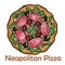 Pizza with roast beef and artichokes, jalapenos, chili, mozzarella, pesto. Neapolitan round pizza on white background