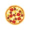 Pizza with salami tomatoes and mushrooms cartoon. Colorful pizza vector illustration.
