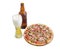 Pizza with sausage and lager beer on a light background
