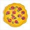 Pizza with sausage, onions and olives isolated on a white background. A dish from Italian cuisine. Pizza with cheese and