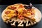 Pizza with sausage and tomatoes on a wooden round tray with a carved inscription `Pizza`.