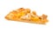 Pizza slice with chicken and mango on white background