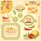 Pizza slice and ingredients background, box label packaging design