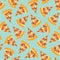 Pizza slice seamless vector pattern. Background with hand draw pizza. Doodle pizza with olives, mushroom, cheese, salami, tomatoes