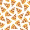 Pizza slice seamless vector pattern. Background with hand draw pizza. Doodle pizza with olives, mushroom, cheese, salami, tomatoes