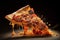 A pizza slice with the toppings exploding off the crust, as if bursting with flavor and excitement. Generative AI