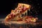 A pizza slice with the toppings exploding off the crust, as if bursting with flavor and excitement. Generative AI