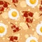 Pizza slices with pepperoni, cheese and fried eggs, fast food seamless pattern. Breakfast oily meal repetitive background