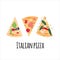Pizza slices with tomato, pepper, olives, cheese, mushroom, basil, salami on white background with Italian pizza words