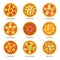 Pizza sorts vector icons templates for Italian pizzeria cuisine or fast food menu