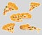 Pizza stickers. Tasty food. Perfect for printing, restaurant, postcards and menus. Cartoon vector illustration isolated