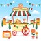 Pizza street food cart. Colorful vector illustration, cartoon style, on italian landscape.