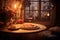 pizza on table with dimmed romantic lighting