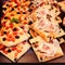 Pizza Take Away pieces on a stall, Traditional Italian Focaccia