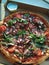 Pizza tasty Italian fast food tomato ham arugula cheese mushroom macro photo