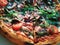 Pizza tasty Italian fast food tomato ham arugula cheese mushroom macro photo