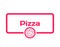 Pizza template dialog bubble in flat style on white background. Stamp with pizza icon for various word, to menu. Vector