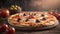 Pizza with tomatoes and olives on dark rustic wood setting