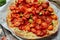 Pizza with tomatoes, shallot and fresh herbs. Cherry Tomato Wood