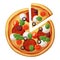 Pizza top view. Cherry tomato, sausages or salami, mozarella, olives, basil leaves