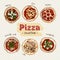 Pizza top view set with different ingredients. Italian whole pizza. hand draw sketch vector
