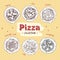 Pizza top view set with different ingredients. Italian whole pizza. hand draw sketch vector