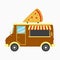 Pizza truck. Fast pizzeria van with signboard in form of pizza slice. Vector illustration.