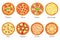 Pizza types set. Different filling types, italian fast food, round dough cake, tomato sauce, cheese, vegetables and meat